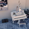 Elegant White Piano And Astronaut Painting With Vase Flowers Arched Wall Hanging Lamp Rug
