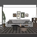 Modern Living Room Interior With Brown Leather Sofa Framed Artworks Green Plant And Geometric Rug