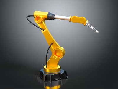 Yellow Industrial Robotic Arm With Mechanical Gripper Tool on Dark Background 3d model