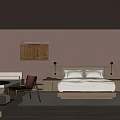 Modern Hotel Room Interior With King Bed Wooden Furniture Table Lamps And Wall Art