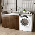 Modern Laundry Room With Wooden Cabinet White Washing Machine Sink And Green Plants