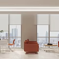 Modern Bright Break Room Interior With Orange Sofas White Tables And City View Through Windows 3d model
