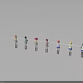 Multiple Cartoon Girl Characters Wearing Different Colored Clothes Standing in a Row 3d model