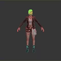 3D Character Model With Purple Hair Gas Mask And Tactical Outfit Design