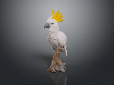 Detailed White Cockatoo With Yellow Crest Standing On Tree Stump Statue 3d model
