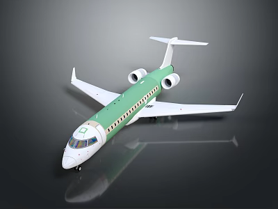 Modern Green and White Airliner with Twin Engines Sleek Fuselage on Dark Reflective Surface 3d model