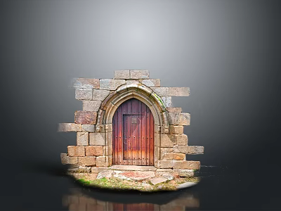 Historic Stone Built Arched Entry Gate Featuring Dark Red Wooden Door And Stone Masonry 3d model