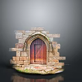 Historic Stone Built Arched Entry Gate Featuring Dark Red Wooden Door And Stone Masonry