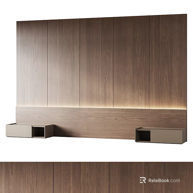 Modern Wooden Wall Interior With Lighted Base And Floating Cabinets 3d model 