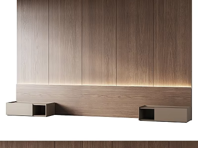 Modern Wooden Wall Interior With Lighted Base And Floating Cabinets 3d model