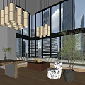 Modern Leisure Area With Large Windows City View Comfortable Sofa And Pendant Lights
