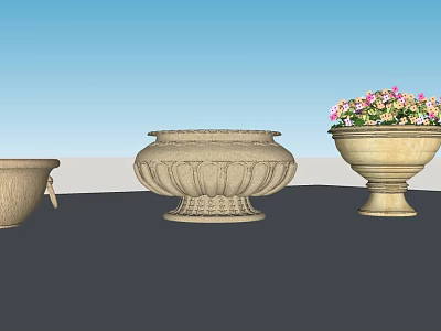 Ornate Flower Pots In Various Styles With Blooming Flowers For Garden Decor 3d model