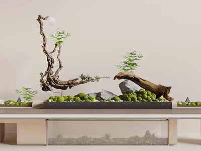 Natural Style Decorative Ornament Set With Twisted Root Green Plants Stones Wooden Log And Home Decor 3d model