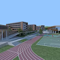 Modern School Building With Glass Facade Brick Exterior Track Field And Green Lawn
