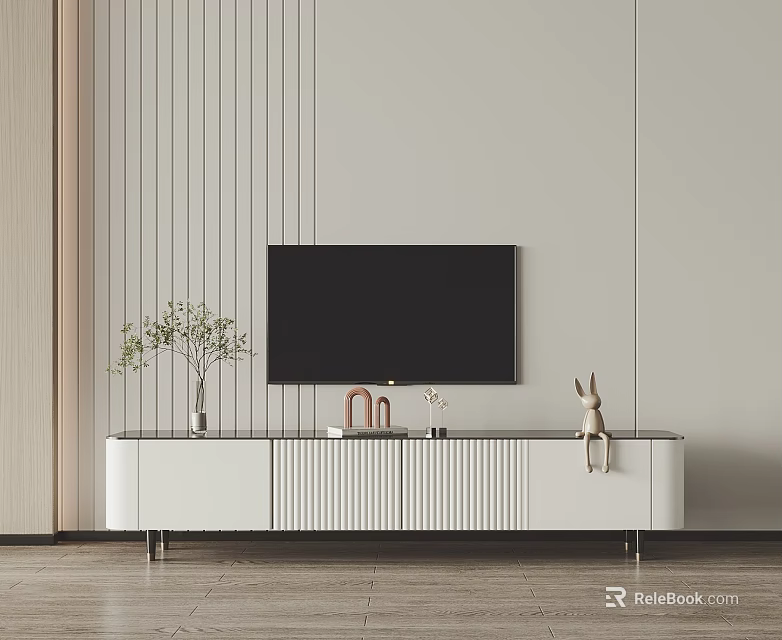 Modern White TV Stand with Decorative Vase Rabbit Ornament and Light Striped Wall 3d model 