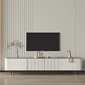Modern White TV Stand with Decorative Vase Rabbit Ornament and Light Striped Wall