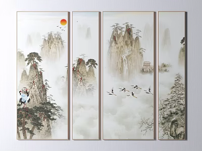 Traditional Chinese Four Panel Landscape Painting With Misty Mountains Pine Trees Cranes And Rising Sun 3d model
