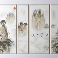 Traditional Chinese Four Panel Landscape Painting With Misty Mountains Pine Trees Cranes And Rising Sun