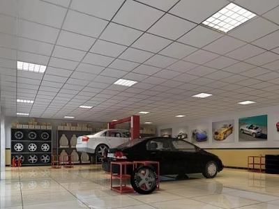 Professional 4S Auto Service Center Interior With Car On Lift Tire Display And Car Posters 3d model