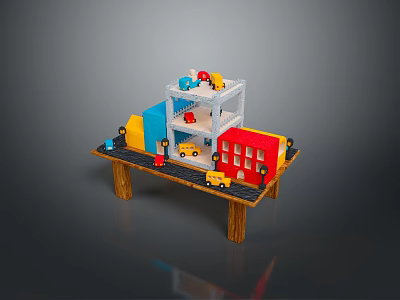 Miniature Landscape with Multi level Buildings Colorful Blocks and Toy Cars on Wooden Table 3d model