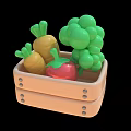 Toy Vegetables In Wooden Crate With Carrot Tomato And Green Grapes