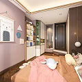 Modern Kids Room Interior With Floral Wallpaper Bed Desk Window Wardrobe And Round Rug