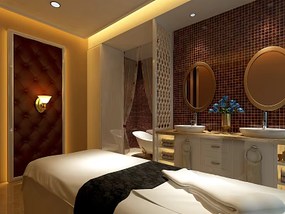Luxurious SPA Sauna Room Interior With Massage Bed Double Mirrors And Vanity 3d model