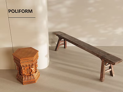 Carved Wooden Hexagonal And Long Rustic Stools With Intricate Design Details 3d model