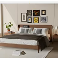 Double Bed Featuring Wooden Headboard White Sheets Gray Pillows Decorative Wall Art Nightstand And Lamp