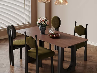 Modern Wooden Dining Table Set With Green Upholstered Chairs Flower Vase Fruit Bowl And Pendant Lights 3d model