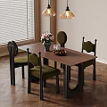 Modern Wooden Dining Table Set With Green Upholstered Chairs Flower Vase Fruit Bowl And Pendant Lights