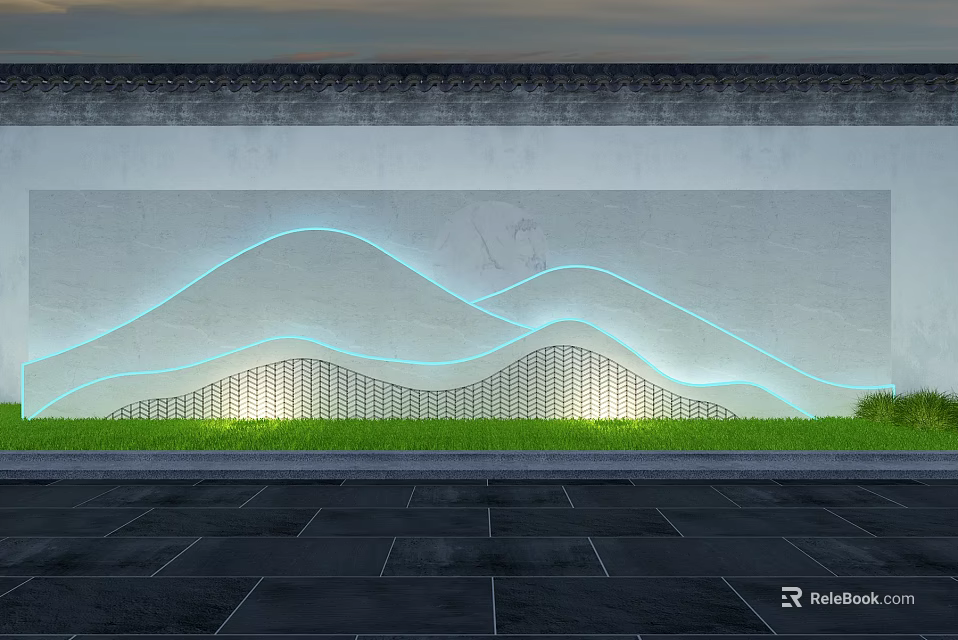 Modern Garden Landscape With Wavy Blue Lines Green Grass Black Stone Pavement And Gray Border 3d model 