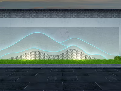 Modern Garden Landscape With Wavy Blue Lines Green Grass Black Stone Pavement And Gray Border 3d model