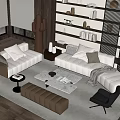 Modern Sofa and Coffee Table Set with Shelves Decorative Items and Cactus in Living Room