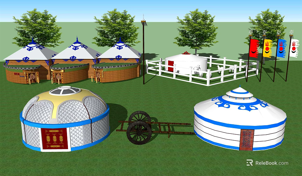 Traditional Yurts with Blue Patterns on Green Grass with Trees White Fence and Flags 3d model 