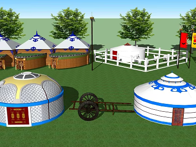 Traditional Yurts with Blue Patterns on Green Grass with Trees White Fence and Flags 3d model