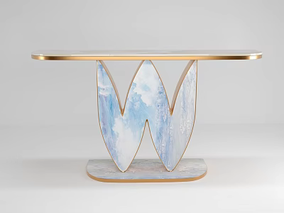 Modern Console Table With Golden Frame Round Tabletop And Blue White Artistic Legs 3d model