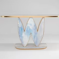 Modern Console Table With Golden Frame Round Tabletop And Blue White Artistic Legs