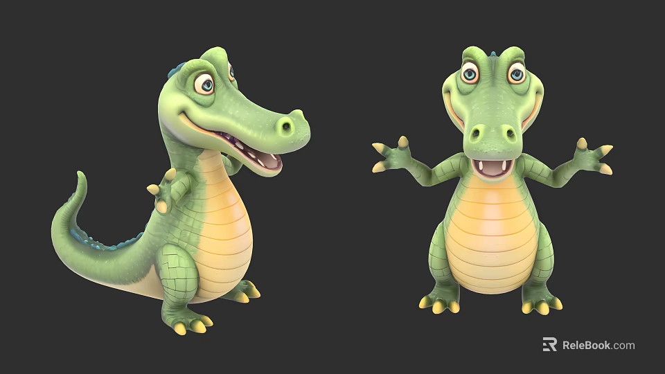 Friendly Cartoon Crocodiles In Standing And Sitting Poses With Green Bodies Yellow Bellies 3d model 