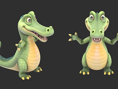 Friendly Cartoon Crocodiles In Standing And Sitting Poses With Green Bodies Yellow Bellies 3d model