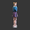 Woman In Blue Sweater And Plaid Skirt With White High Heels Front Back Views