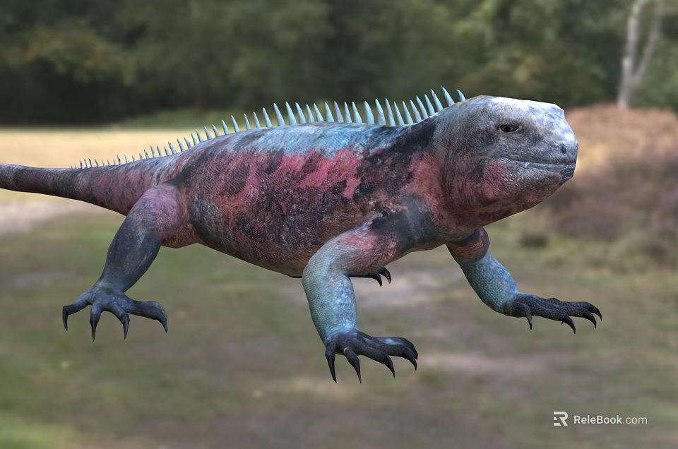 Colorful Red and Blue Iguana Reptile With Spiked Back In Natural Grass Habitat 3d model 