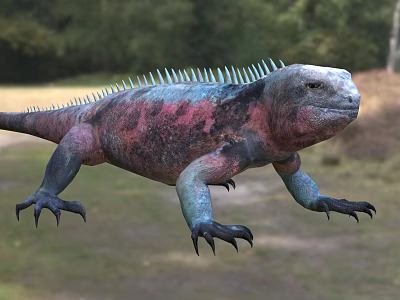 Colorful Red and Blue Iguana Reptile With Spiked Back In Natural Grass Habitat 3d model