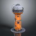 Orange Metallic Tower Structure with Gray Dome Top and Circular Windows on Circular Base