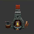 Blacksmith Workshop Stone Fireplace With Anvil Wooden Stump Chair And Burning Flame