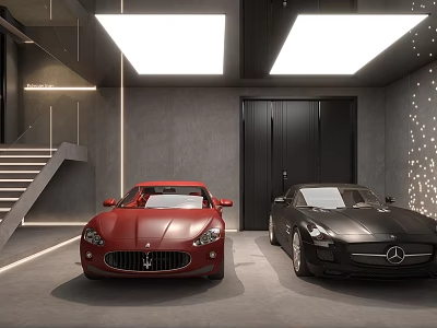 Modern Garage Interior With Two Red And Black Sports Cars And Stylish Lighting 3d model