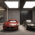 Modern Garage Interior With Two Red And Black Sports Cars And Stylish Lighting