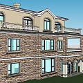 European Style Detached Villa With Stone Wall Arched Windows Balcony Brown Door And White Car