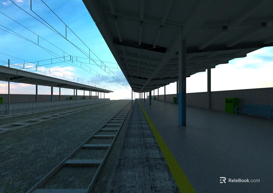 Railway Station Platform With Rail Tracks Yellow Safety Line And Shelter Roof 3d model 