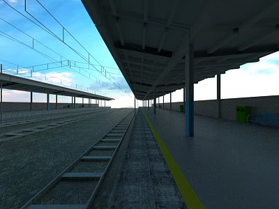 Railway Station Platform With Rail Tracks Yellow Safety Line And Shelter Roof 3d model